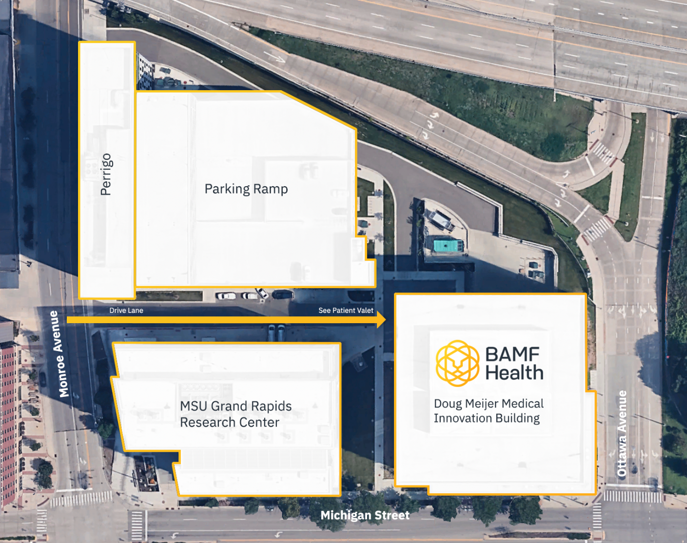Overhead view of BAMF building and surrounding buildings and streets showing the entrance on the East side of Monroe Avenue, just north of Michigan